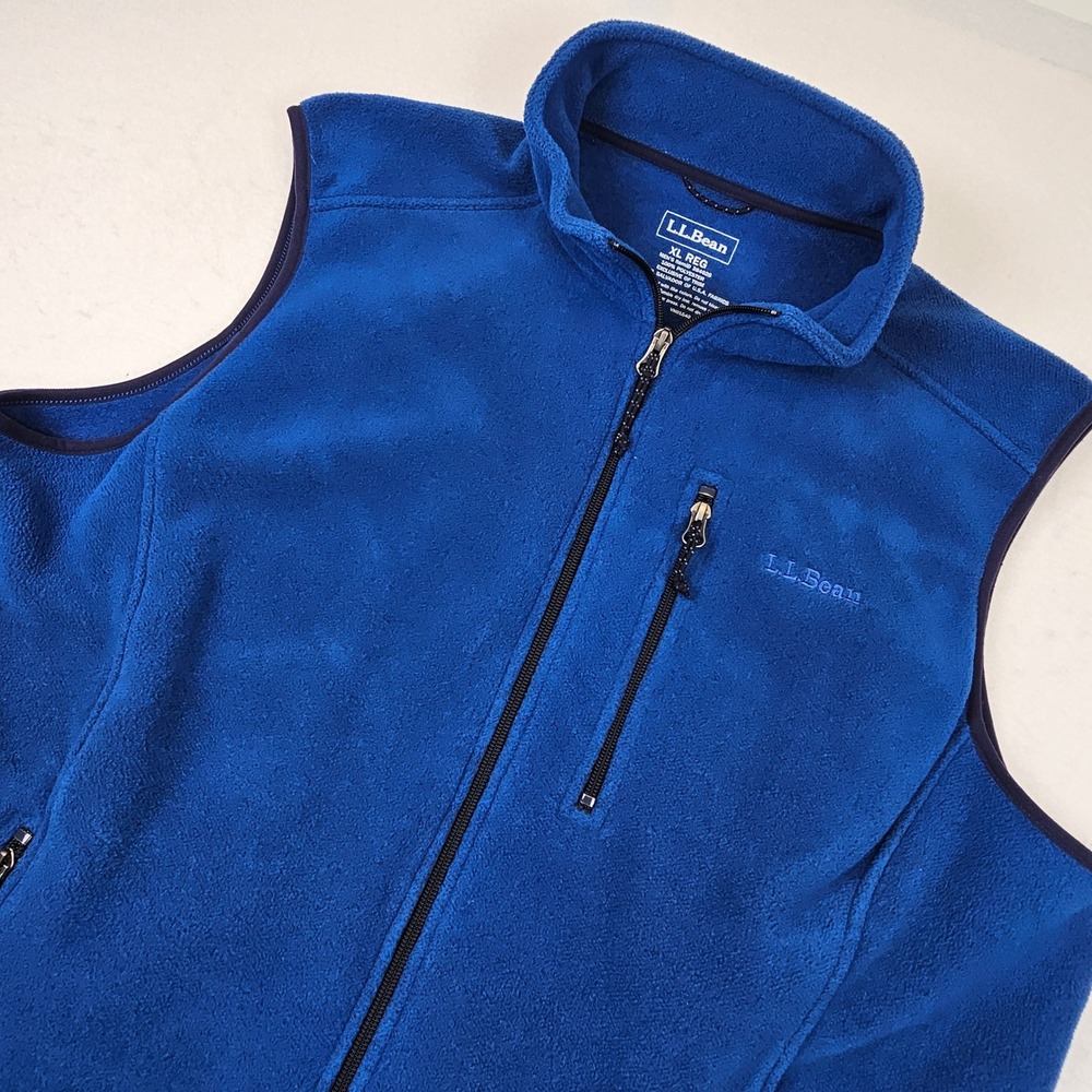 LL Bean Mens XL Blue Full Zip Fleece Vest Pockets Cinch Hem Regular
